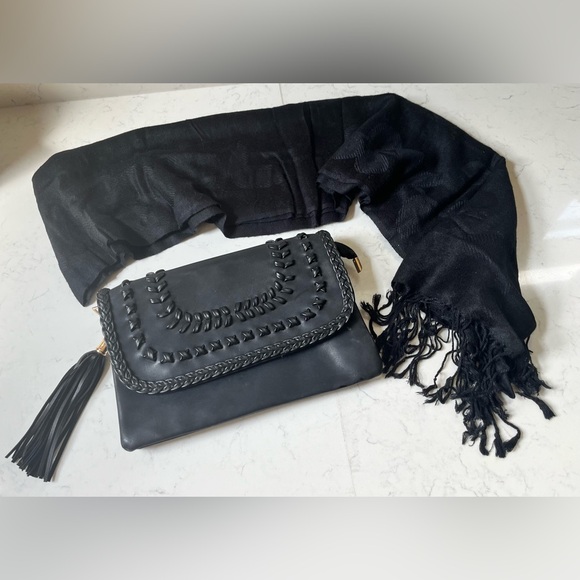 Black Leather Clutch & Tassel Crossbody - Picture 2 of 5